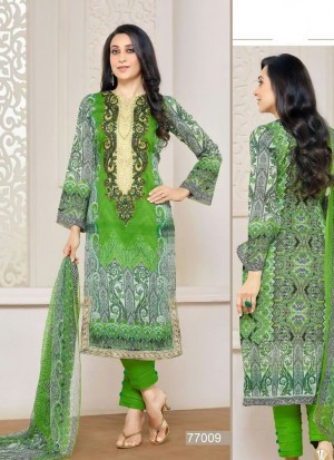 Pleasant Multicolor and Parrot Green 77009 Cotton Satin Party Wear Straight Suit At Zikimo