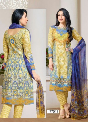 Beautiful Royal Blue and Yellow 77011 Cotton Satin Party Wear Straight Suit At Zikimo