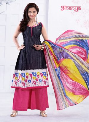 Black and Deep Pink 5011 Daily Wear Printed Cotton Salwar Suit At Zikimo