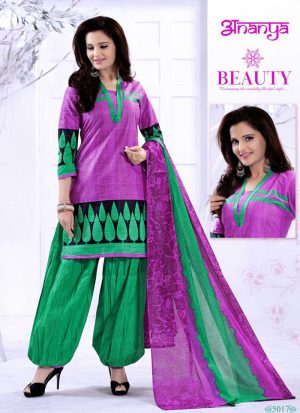 Deep Lavender and Aqua Green  5017 Daily Wear Printed Cotton Salwar Suit At Zikimo