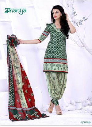 Beautiful Green and Off White 5018 Printed Cotton Daily Wear  Salwar Kameez At Zikimo