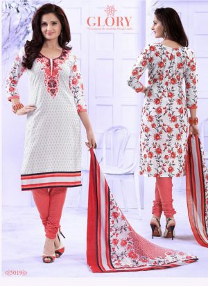 Excellent White and Light Red Printed Cotton 5019 Daily Wear  SalwarKameez At Zikimo