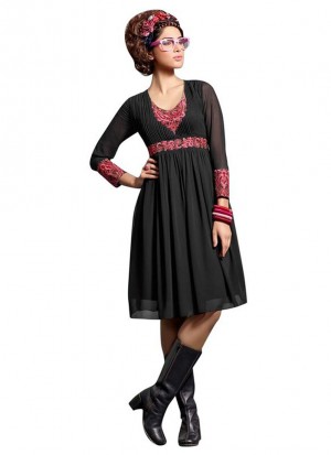 Black With Red Designer Georgette Party Wear Kurti at Zikimo