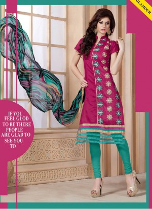 Pretty Dark Magenta and Sea Green  4001 Chanderi Daily Wear Straight Suit At Zikimo