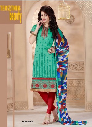 Wonderful Sea Green and Red 4004Chanderi Daily Wear Straight Suit At Zikimo