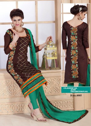 Stunning Coffee Brown and Sea Green 4005 Chanderi Daily Wear Straight Suit At Zikimo