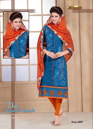 Dazzling Royal Blue and Orange 4007 Chanderi Daily Wear Straight Suit At Zikimo