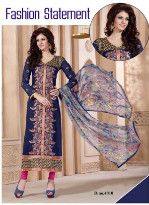 Glamorous Midnight Blue and Magenta 4010 Chanderi Daily Wear Straight Suit At Zikimo