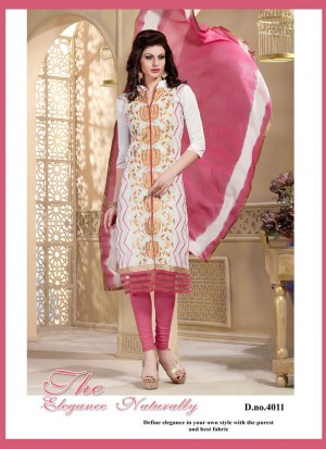 Beautiful White and Dull Pink 4011 Chanderi Daily Wear Straight Suit At Zikimo