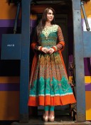 Impressive Multicolor and Aqua Green 8315B Cotton Satin Anarkali Party Wear Suit At Zikimo
