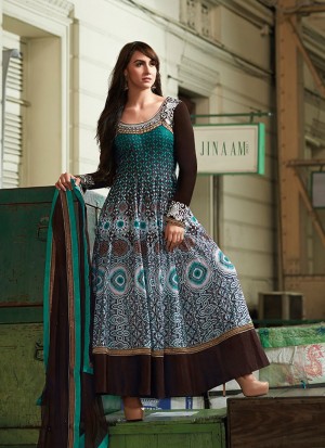 Extraordinary Multicolor and Coffe Brown 8316A Cotton Satin Anarkali Party Wear Suit At Zikimo