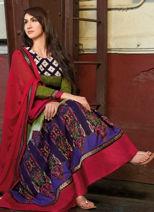 Luxuriant Olive Green and Crimson Red  8380B Cotton Satin Anarkali Party Wear Suit At Zikimo