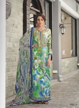 Awesome Royal Blue and Multicolor Pakistani Style 9001A Party Wear Satin Cotton Suit At Zikimo