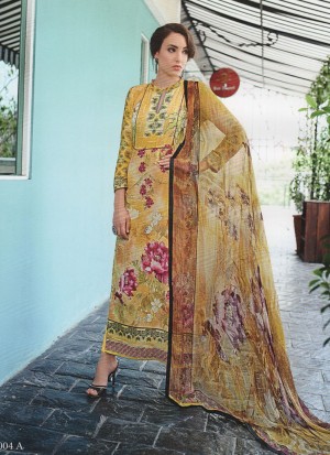 Fascinating Dark Yellow and Multicolor Pakistani Style 9004A Party Wear Satin Cotton Suit At Zikimo