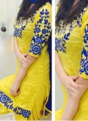 Yellow Cotton Satin With Blue Embroiderey work Punjabi Salwar Kameez at Zikimo
