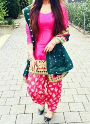 Hot Pink Raw Silk Punjabi Salwar Kameez With Dark Green Dupatta odhni at Zikimo