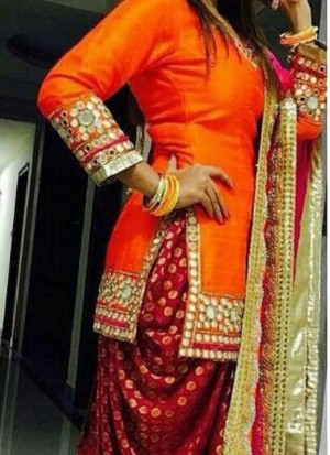 Orange and Maroon Mirror Work Punjabi Salwar Kameez at Zikimo