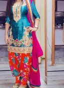 Blue and Floral Red Heavy Embroidey Work Punjabi Salwar Kameez at Zikimo