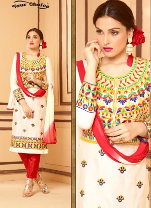 Admirable White and Red 2058 Satin Cotton Party Wear Straight Suit At Zikimo
