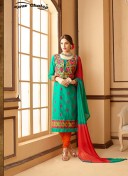Stunning Sea Green and Fanta Orange 2059 Satin Cotton Party Wear Straight Suit At Zikimo