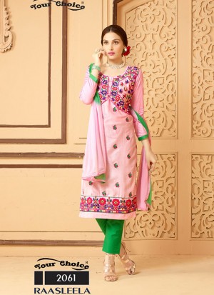 Glamorous Pink and Green 2061 Satin Cotton Party Wear Straight Suit At Zikimo