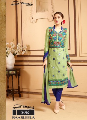Admirable Olive Green and Violate Blue 2063 Satin Cotton Party Wear Straight Suit At Zikimo