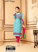 Lavishing Sky Blue and Magenta 2067 Satin Cotton Party Wear Straight Suit At Zikimo