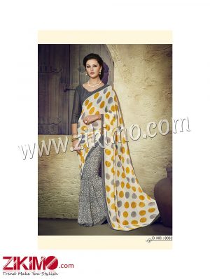 Zikimo Zara8032 DarkGray and Ivory Daily Wear Designer Chiffon Saree