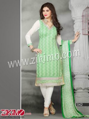 Zikimo Chanderi Cotton White With Green Contrast Suit