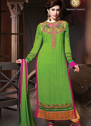 ParrotGreen and Multicolor17011 Embroidered Semi Georgette Party Wear Designer Suit At Zikimo