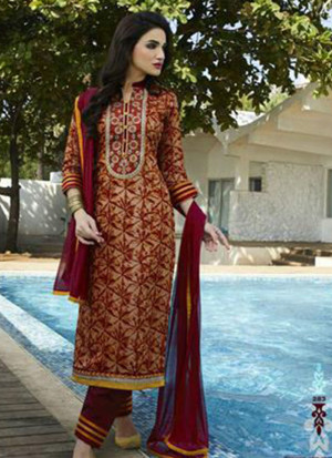 SandyBrown and Maroo283 Printed Embroidered Daily Wear Glace Cotton Straight Suit at Zikimo