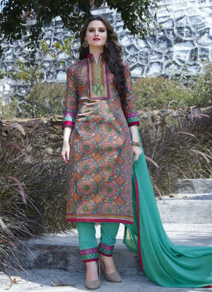 Multicolor and SeaGreen321 Printed Embroidered Daily Wear Glace Cotton Straight Suit at Zikimo