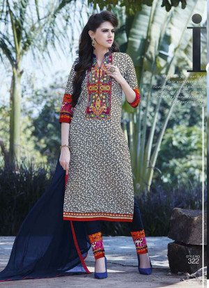 White and DarkBlue322 Printed Embroidered Daily Wear Glace Cotton Straight Suit at Zikimo