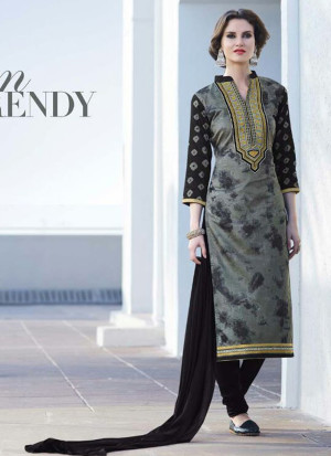 Black and GreenGray323 Printed Embroidered Daily Wear Glace Cotton Straight Suit at Zikimo