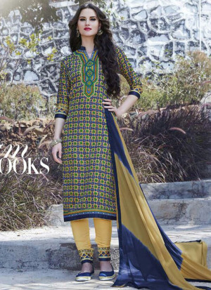 Multicolor and Khaki324 Printed Embroidered Daily Wear Glace Cotton Straight Suit at Zikimo