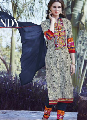 Cream and DarkBlue326 Printed Embroidered Daily Wear Glace Cotton Straight Suit at Zikimo
