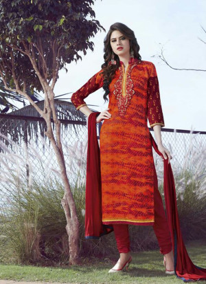 Orange and Maroon327 Printed Embroidered Daily Wear Glace Cotton Straight Suit at Zikimo