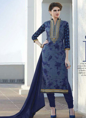 Blue and GrayBlue328 Printed Embroidered Daily Wear Glace Cotton Straight Suit at Zikimo