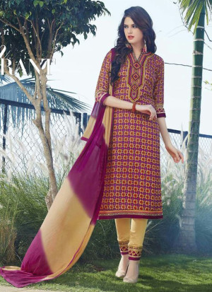 Multicolor and Yellow329 Printed Embroidered Daily Wear Glace Cotton Straight Suit at Zikimo