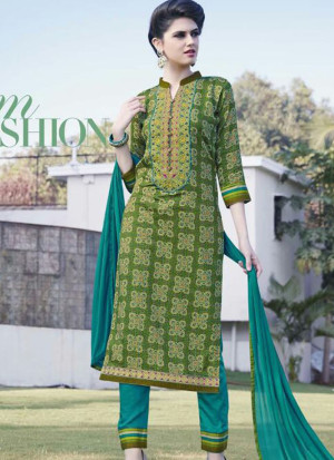 Green and DeepSeaGreen330 Printed Embroidered Daily Wear Glace Cotton Straight Suit at Zikimo