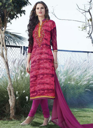 DeepPink and Magenta331 Printed Embroidered Daily Wear Glace Cotton Straight Suit at Zikimo
