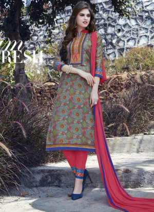 Multicolor and DullPink332 Printed Embroidered Daily Wear Glace Cotton Straight Suit at Zikimo