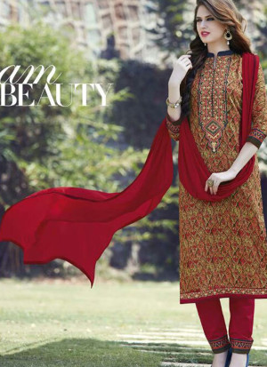 Multicolor and DarkRed334 Printed Embroidered Daily Wear Glace Cotton Straight Suit at Zikimo