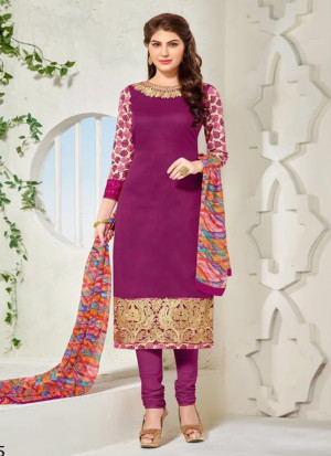 DarkMagenta and Golden45 Embroidered Cotton Chanderi Daily Wear Suit At Zikimo