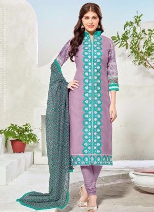 Violet and SpringGreen47 Embroidered Cotton Chanderi Daily Wear Suit At Zikimo