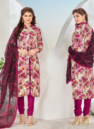 Multicolor and DarkMagenta49 Embroidered Cotton Chanderi Daily Wear Suit At Zikimo