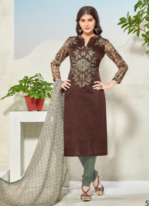 DarkBrown and MehndiGreen52 Embroidered Cotton Chanderi Daily Wear Suit At Zikimo