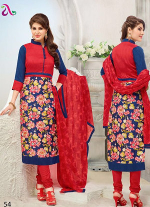 Red and MidnightBlue54  Embroidered Cotton Chanderi Daily Wear Suit At Zikimo