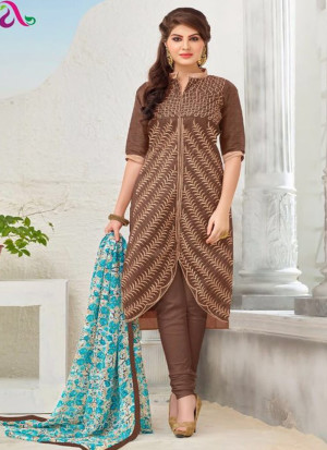 Brown and Beige57 Embroidered Cotton Chanderi Daily Wear Suit At Zikimo