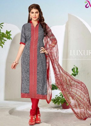 DarkGray and Red59 Embroidered Cotton Chanderi Daily Wear Suit At Zikimo